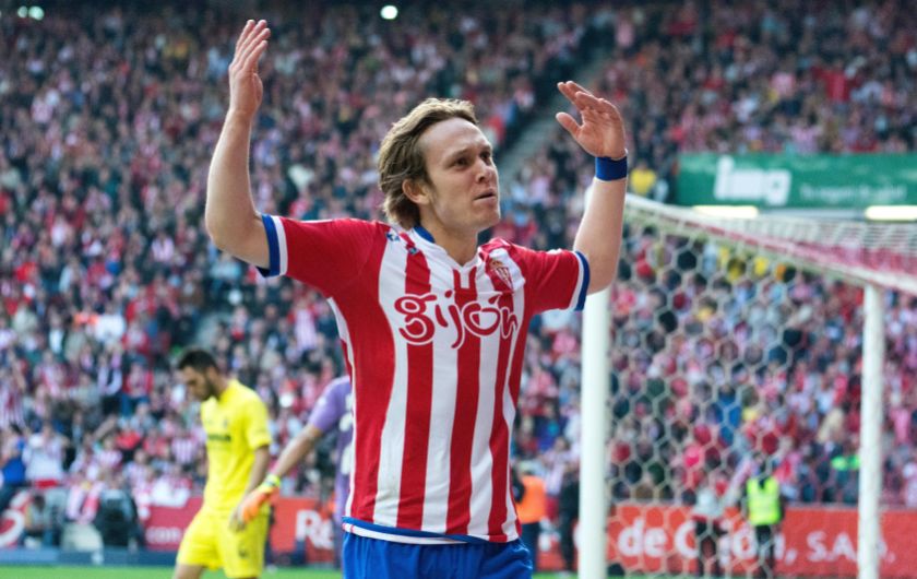Gijon, Spain. 15th May, 2016. Alen Halilovic (Mildfierder, Sporting Gijon) celebrates the second goal of his tem during the football match of last round of Season 2016/2017 of Spanish league La Liga between Real Sporting de Gijon and Villareal CF at Mol