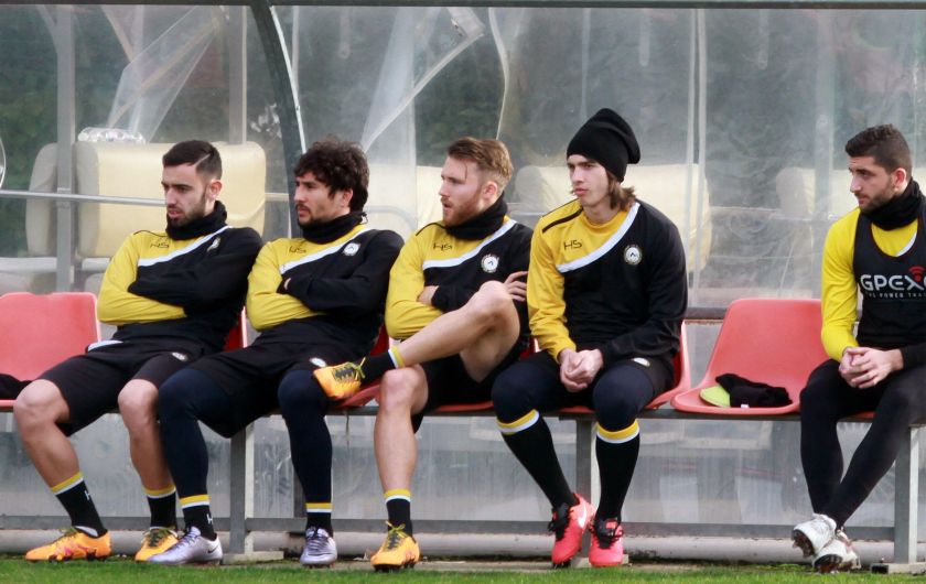 Udine, Italy. 18th Feb, 2016. From left Udinese's players ( Udinese's midfielder Borges Bruno Fernandes, Udinese's forward Pinto Ryder Matos, Udinese's midfielder Silvan Widmer, Udinese's midfielder Andrija Balic, Udinese's midfielder Francesco Lodi looks