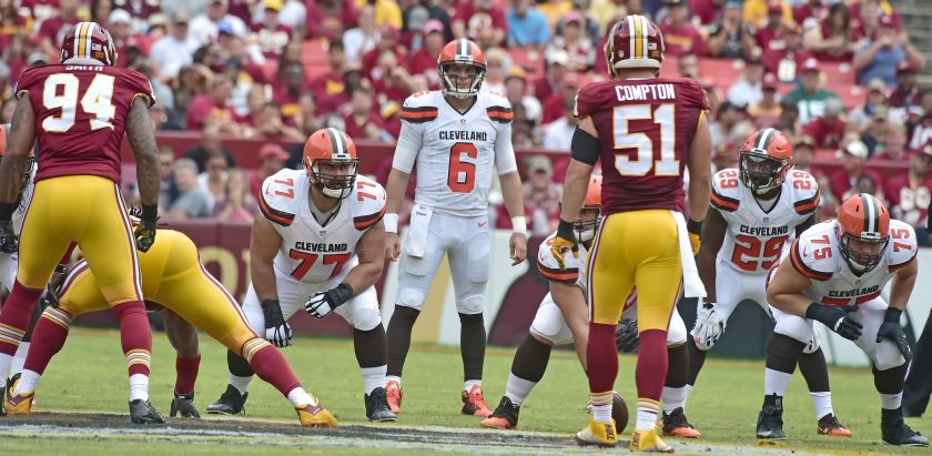 Landover, Maryland, USA. 02nd Oct, 2016. Cleveland Browns quarterback Cody Kessler (6) looks over the Washington Redskins defense during second quarter action at FedEx Field in Landover, Maryland on October 2, 2016. Pictured from left to right: Washington