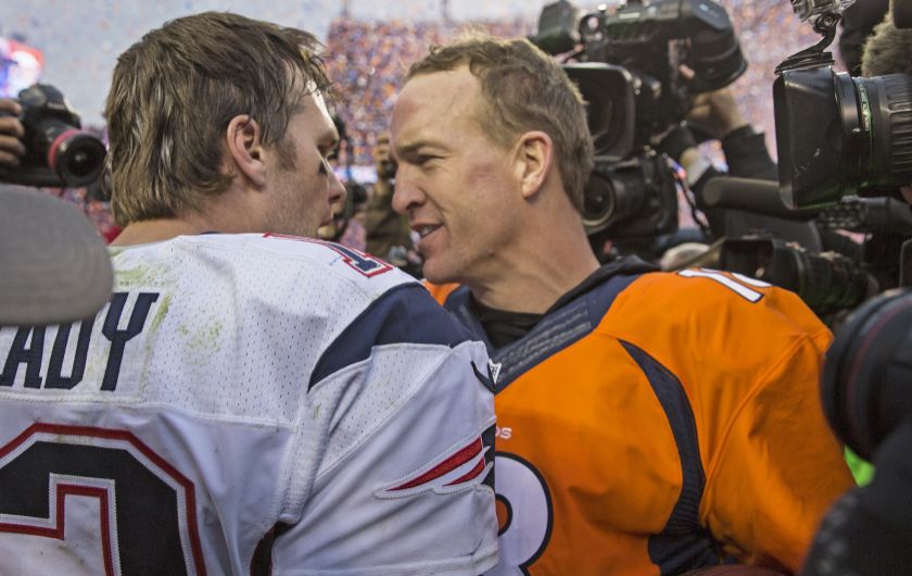 Patriots Brady congratulates Broncos Manning after the 2016 AFC Championship game in Denver